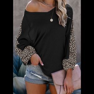 Sexy Black and Leopard Print Waffle Knit Top New Boutique